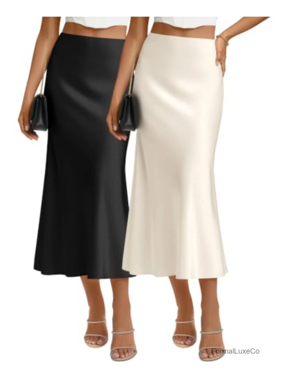2 Pack High Waist Satin Flowy A-Line Midi Skirts